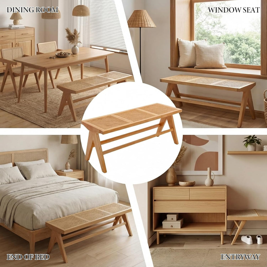 Shano Rattan Dining Bench | Solid Wood Frame | Woven Rattan Seat | Entryway Ottoman | 2 Colours