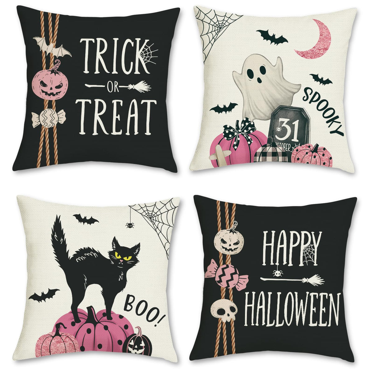 Happy Halloween Cushion Covers 45 x 45 cm Pumpkin Ghost Black Cat Trick or Treat Decorative Pillow Covers Black Pillowcases for Sofa Bed Home Outdoor Decor Set of 4