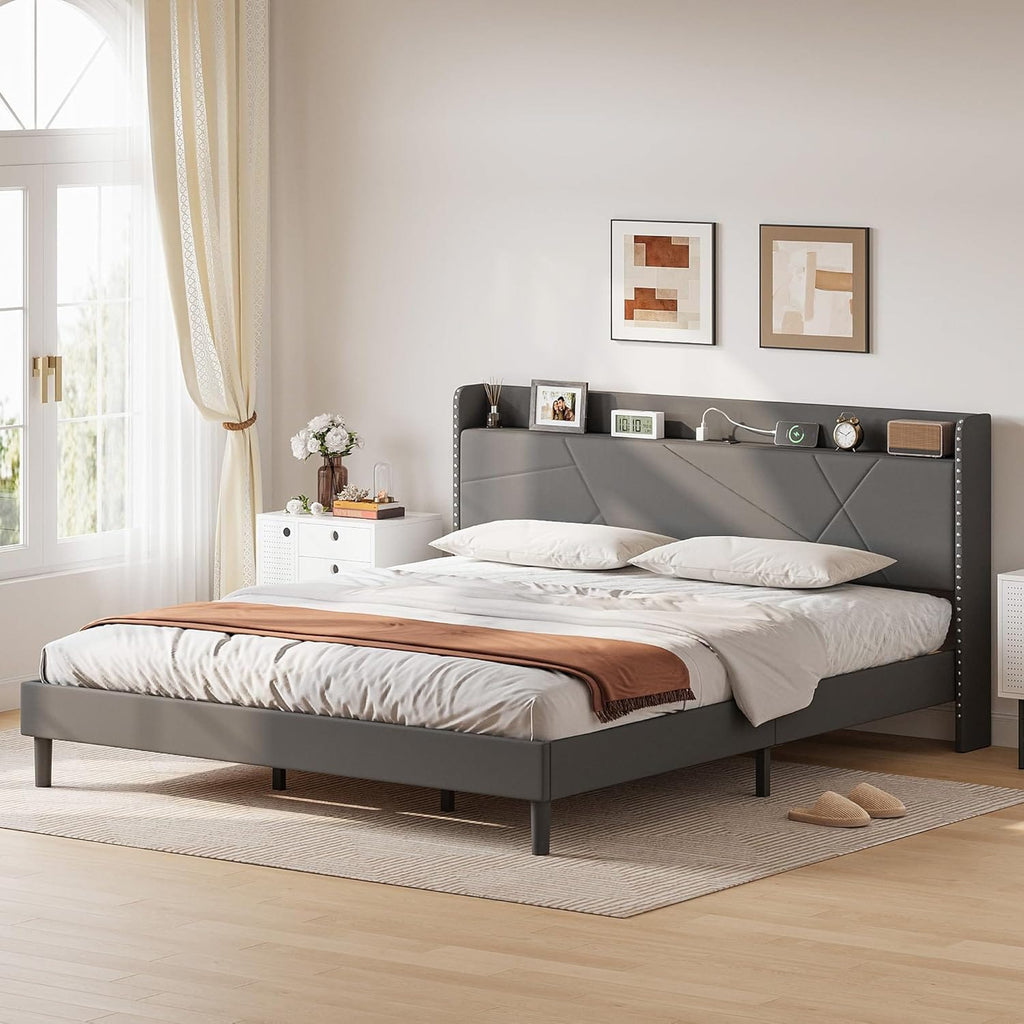 Upholstered Bed Frame with Built-In Charging Station | Linen Headboard | Storage | Single, Double & King