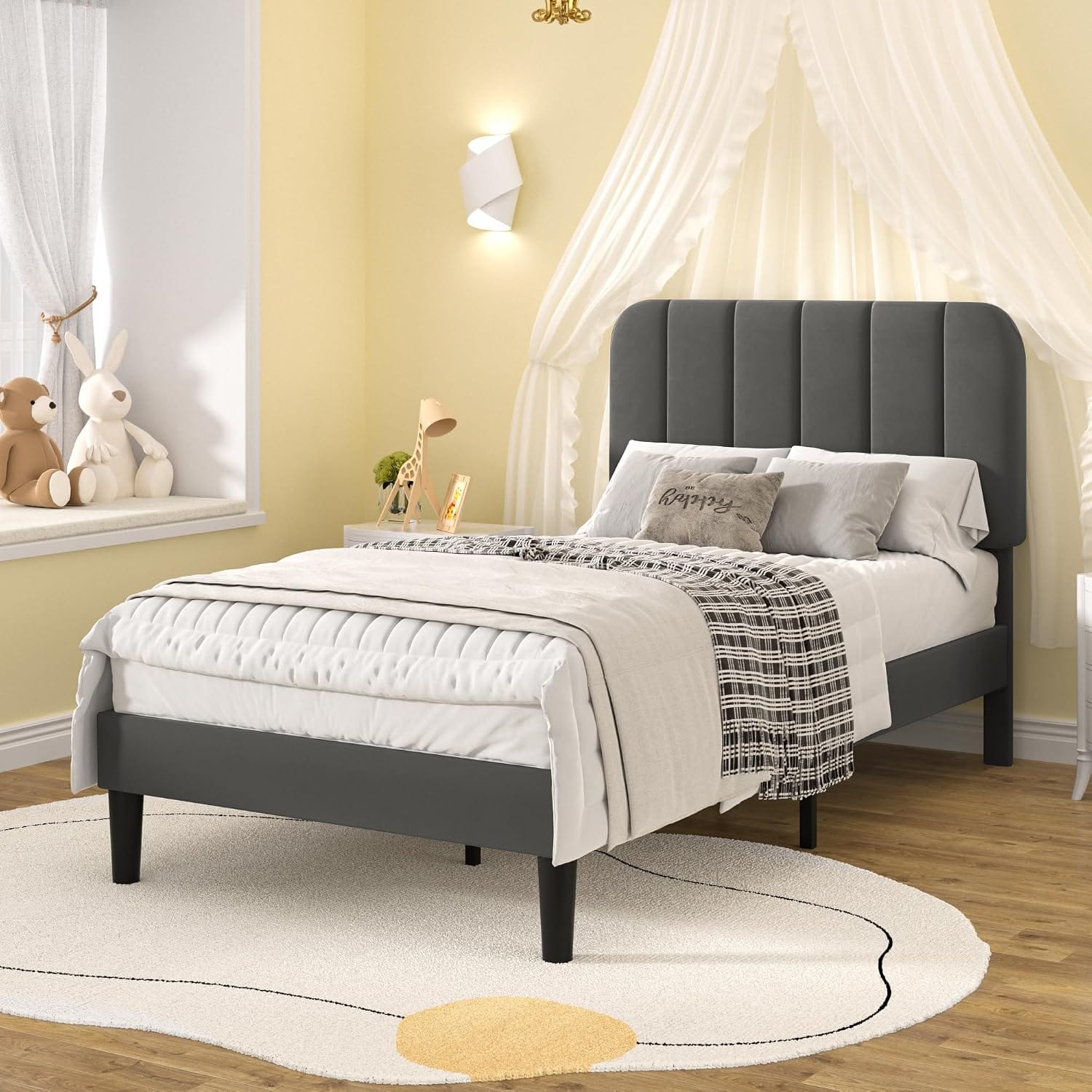 Double Bed Frame with 4 Storage Drawers | Velvet Upholstered Headboard | Wooden Slats | Beige & Grey