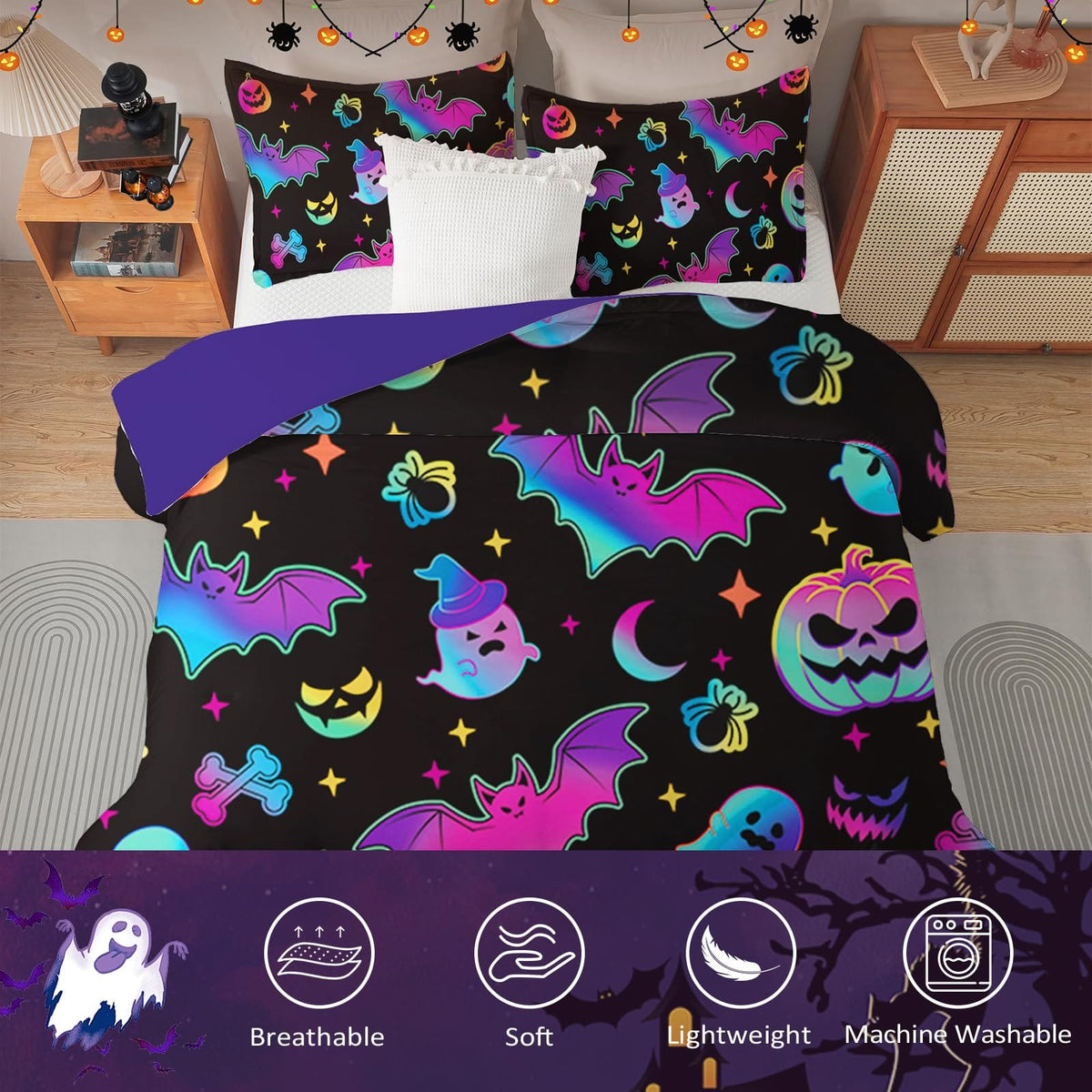 Halloween Duvet Cover Set 3 Pieces with Skull Pumpkin