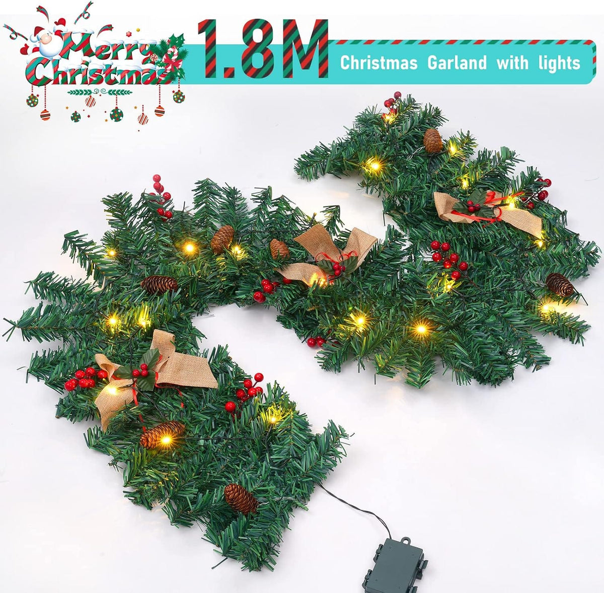 1.8M/6FT Christmas Garland with Lights, Christmas Garlands for Fireplace Stairs PE Artificial Wreath with 50 LED Lights for Xmas Tree Front Door Home Holiday Decor