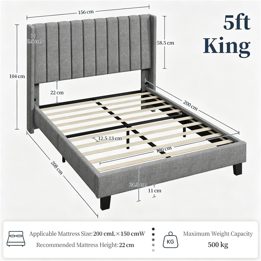 Shano Furniture Channel-Tufted Wing Bed Frame, Double, Beige