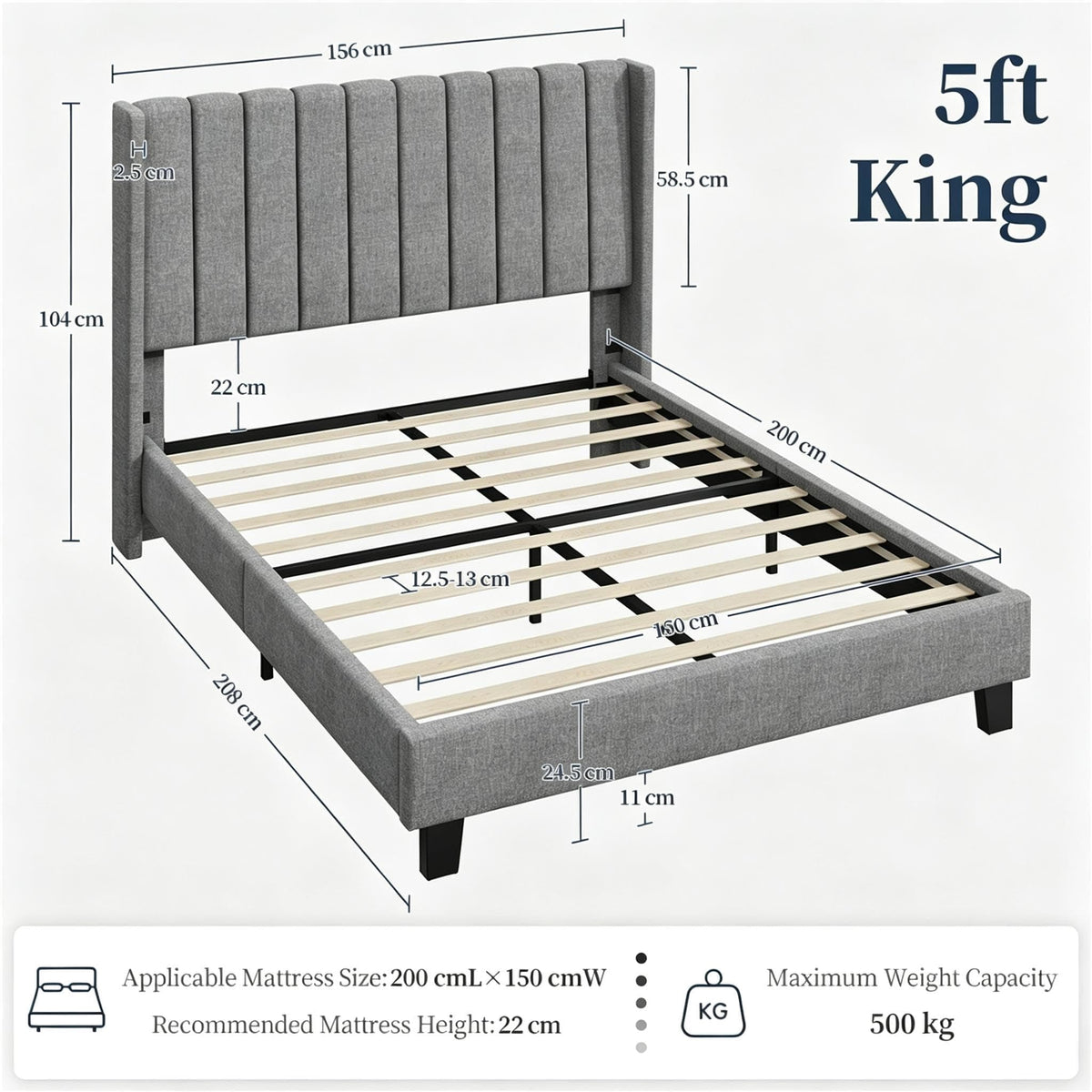 Shano Furniture Channel-Tufted Wing Bed Frame, Double, Beige
