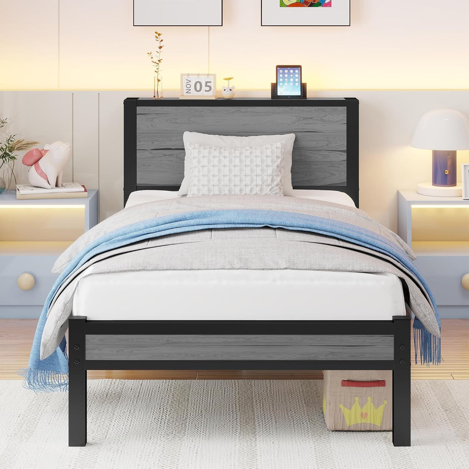 Metal Bed Frame with Wooden Storage Headboard | Heavy Duty Steel Slats | Single, Double & King