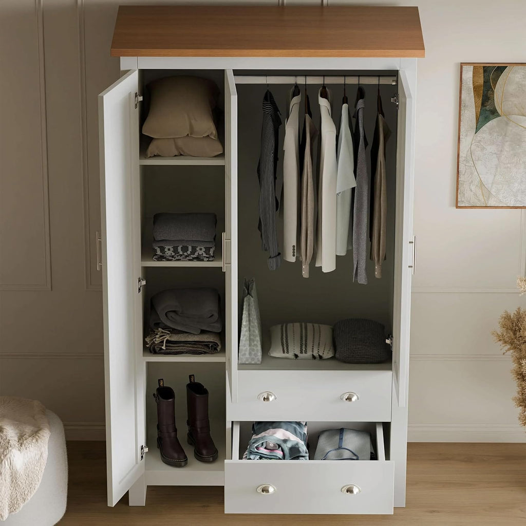 Shano 3 Door Wardrobe with Hanging Rail, 4 Shelves & 2 Drawers | White, Grey & Blue