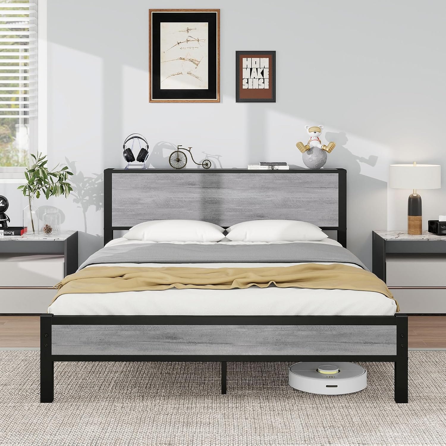 Metal Bed Frame with Wooden Storage Headboard | Heavy Duty Steel Slats | Single, Double & King