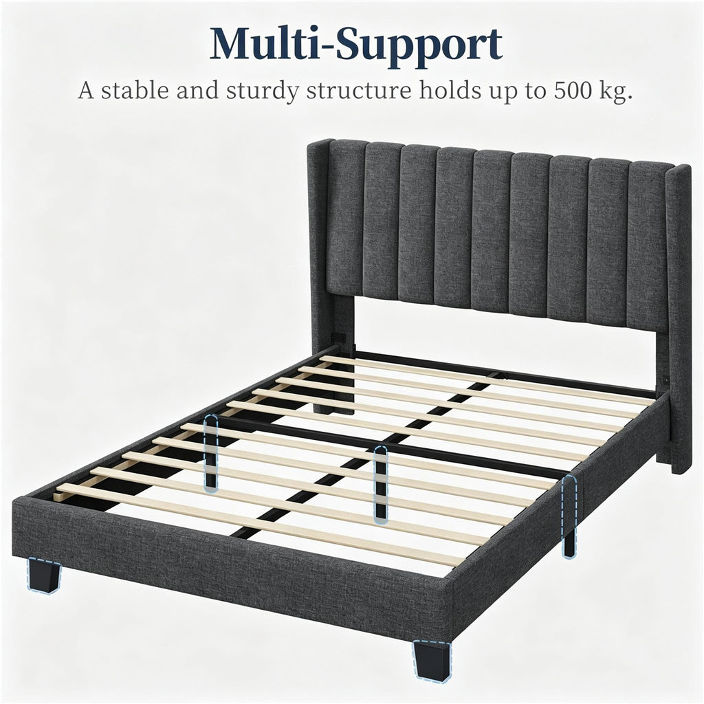 Shano Furniture Channel-Tufted Wing Bed Frame, Double, Beige