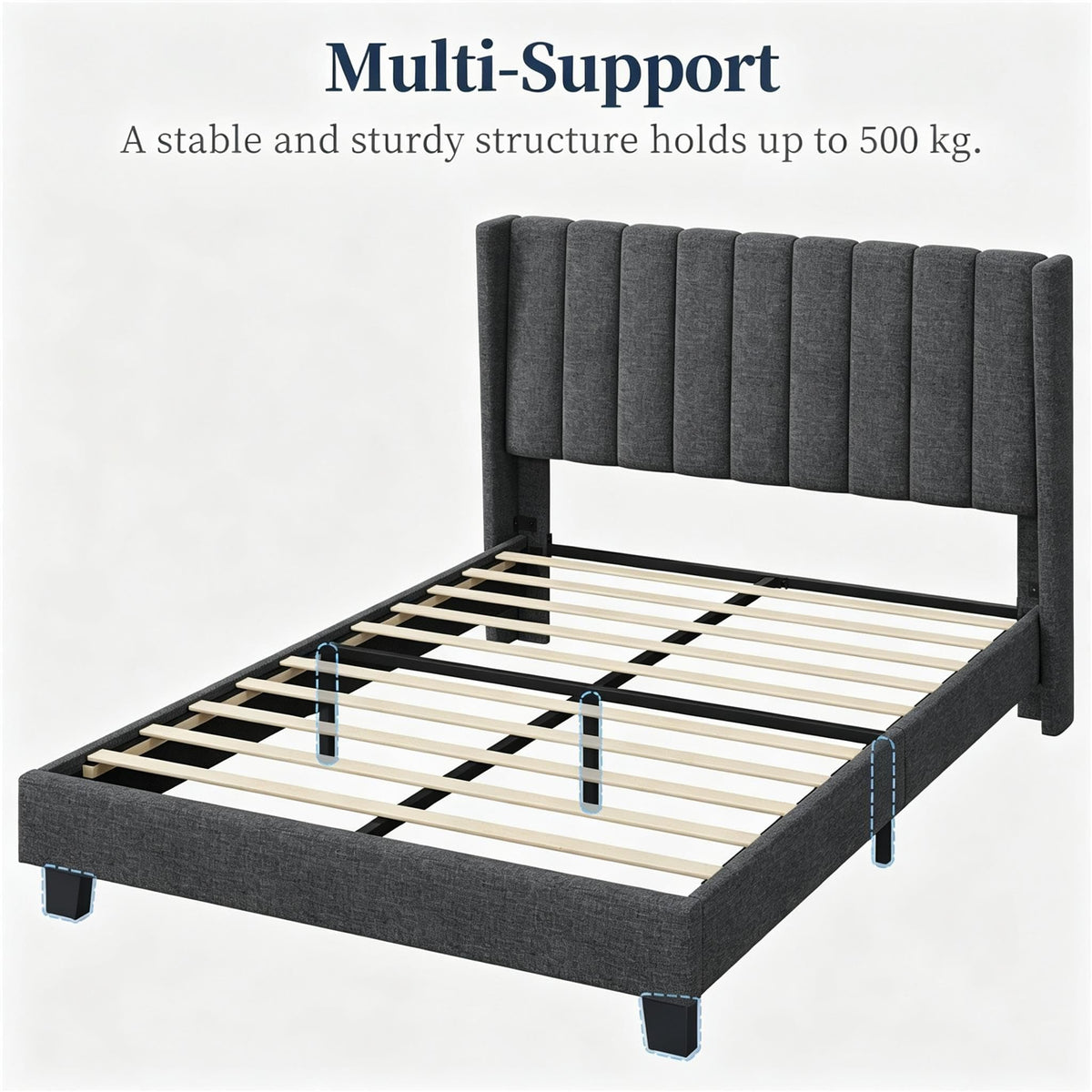 Shano Furniture Channel-Tufted Wing Bed Frame, Double, Beige