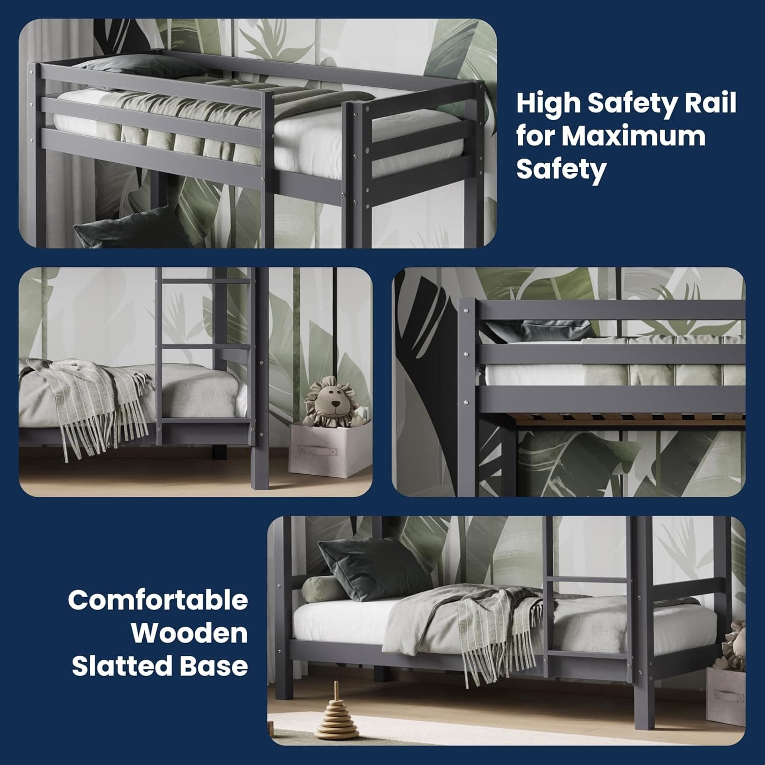 Solid Pine Shorty Bunk Bed for Kids | High Safety Rail | Slatted Base | Space-Saving | Grey & White