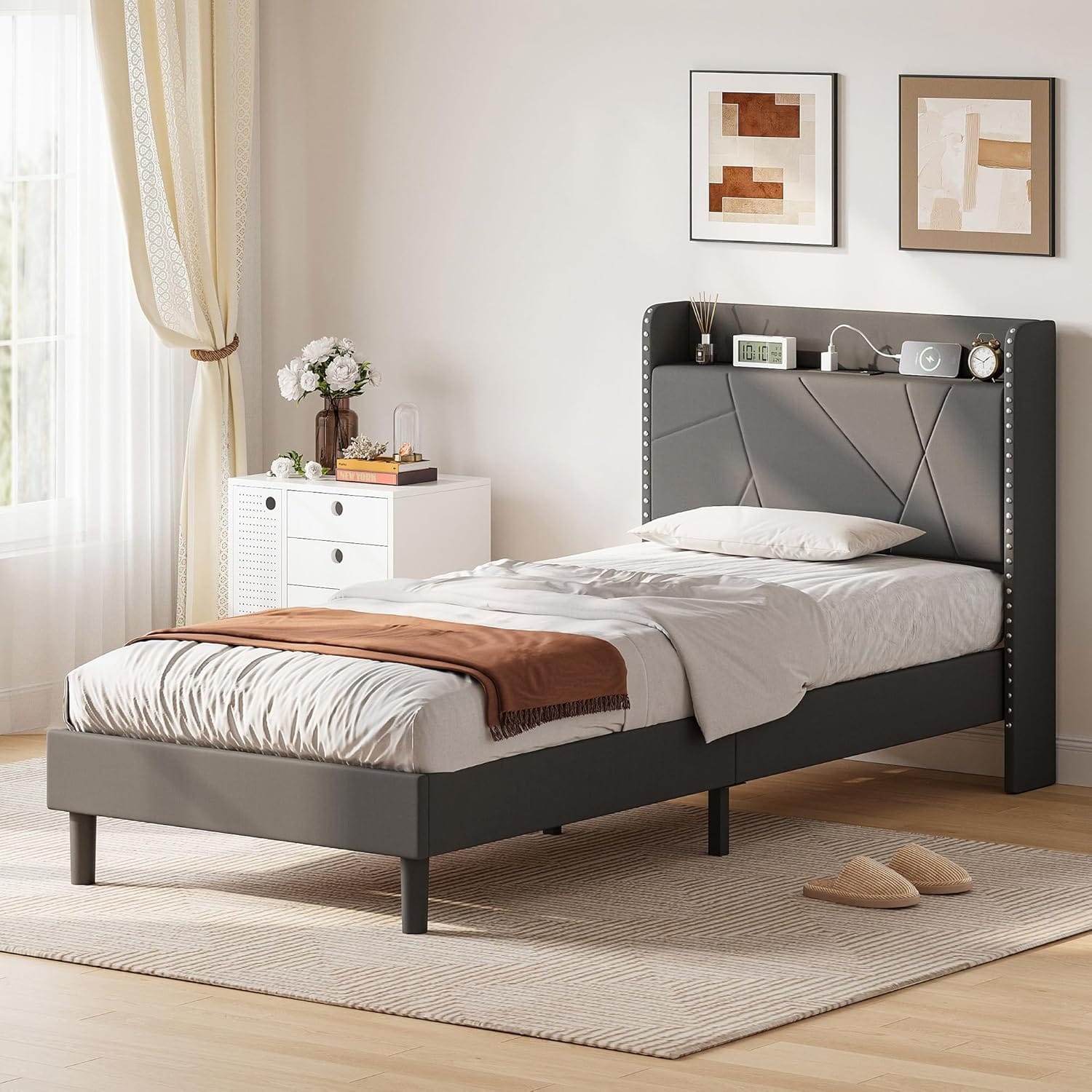 Upholstered Bed Frame with Built-In Charging Station | Linen Headboard | Storage | Single, Double & King