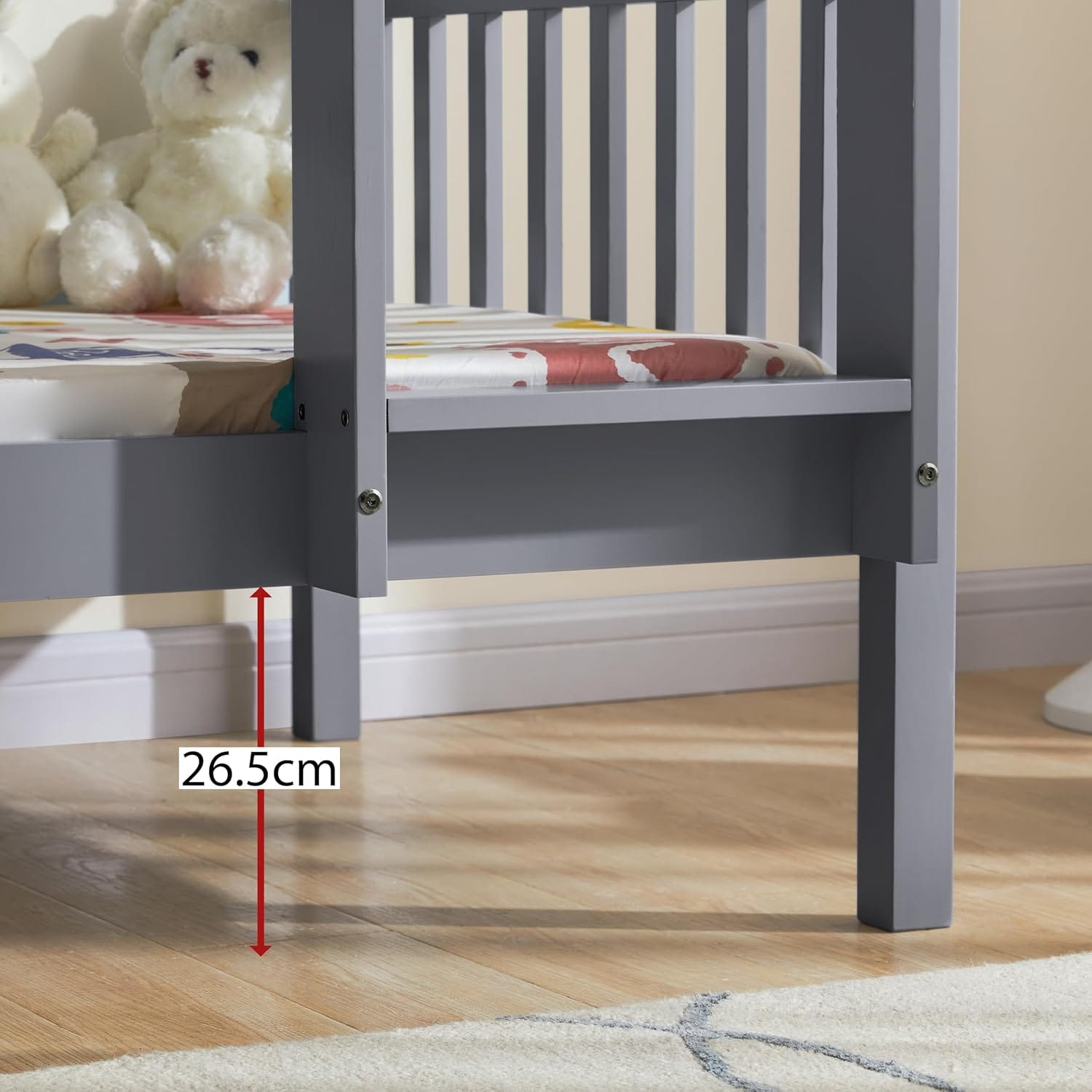 Single Bunk Bed Frame | Solid Pine Wood | Guard Rails & Ladder | Splits into 2 Beds | White & Grey