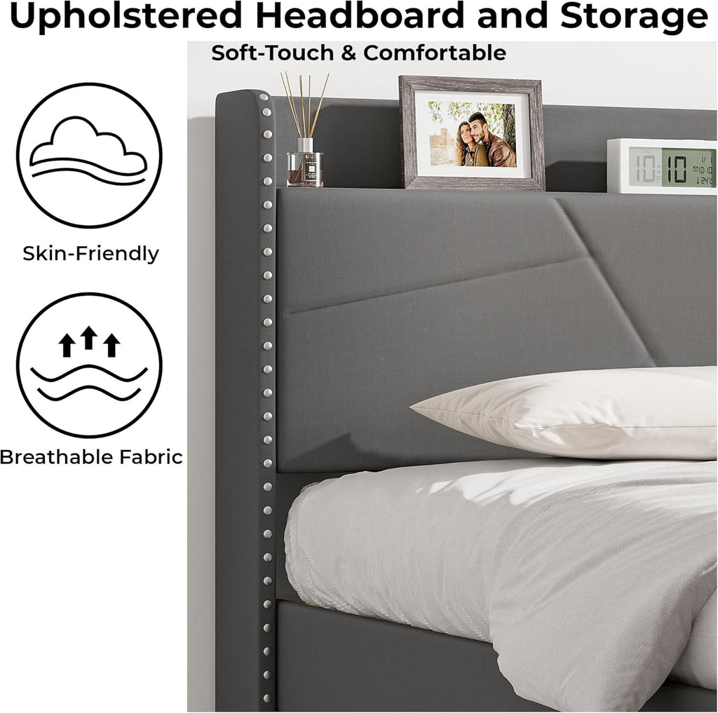 Upholstered Bed Frame with Built-In Charging Station | Linen Headboard | Storage | Single, Double & King