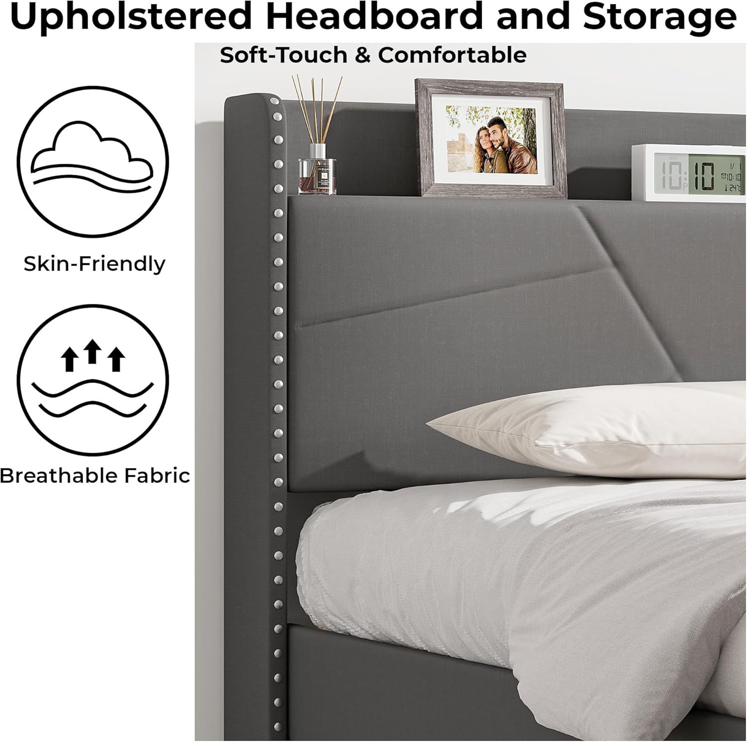 Upholstered Bed Frame with Built-In Charging Station | Linen Headboard | Storage | Single, Double & King