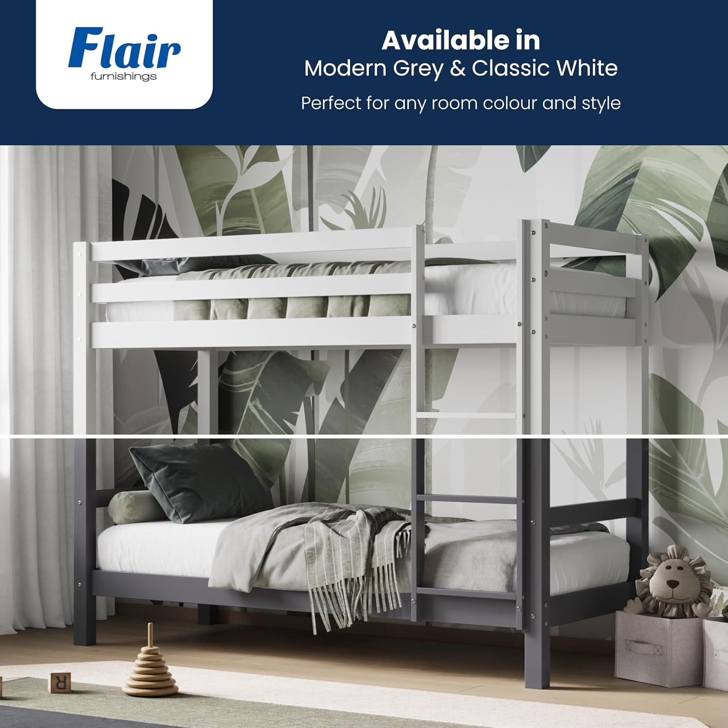 Solid Pine Shorty Bunk Bed for Kids | High Safety Rail | Slatted Base | Space-Saving | Grey & White