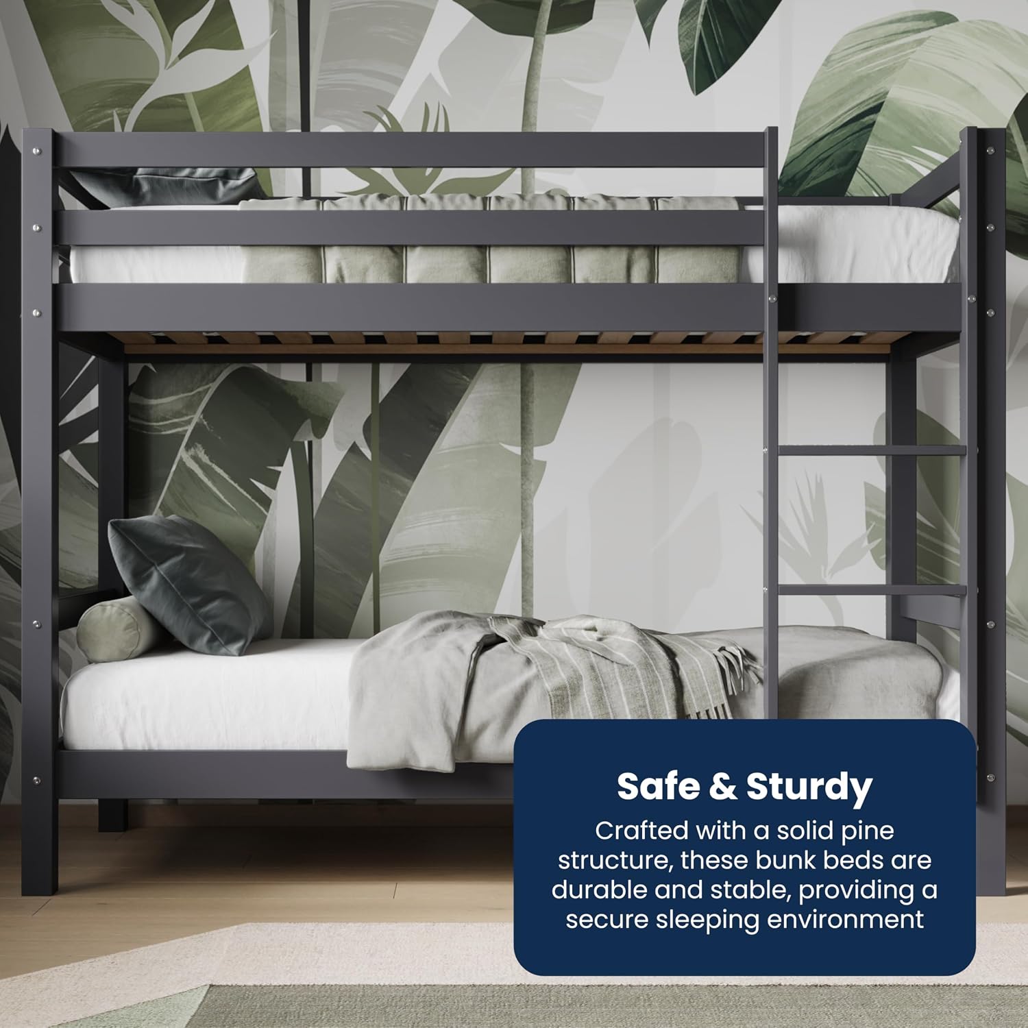 Solid Pine Shorty Bunk Bed for Kids | High Safety Rail | Slatted Base | Space-Saving | Grey & White