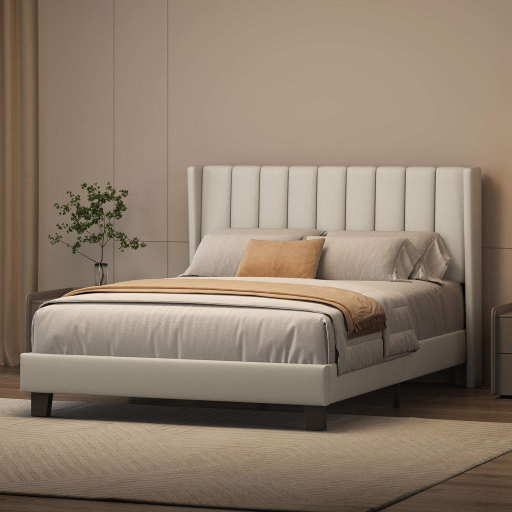 Shano Furniture Channel-Tufted Wing Bed Frame, Double, Beige