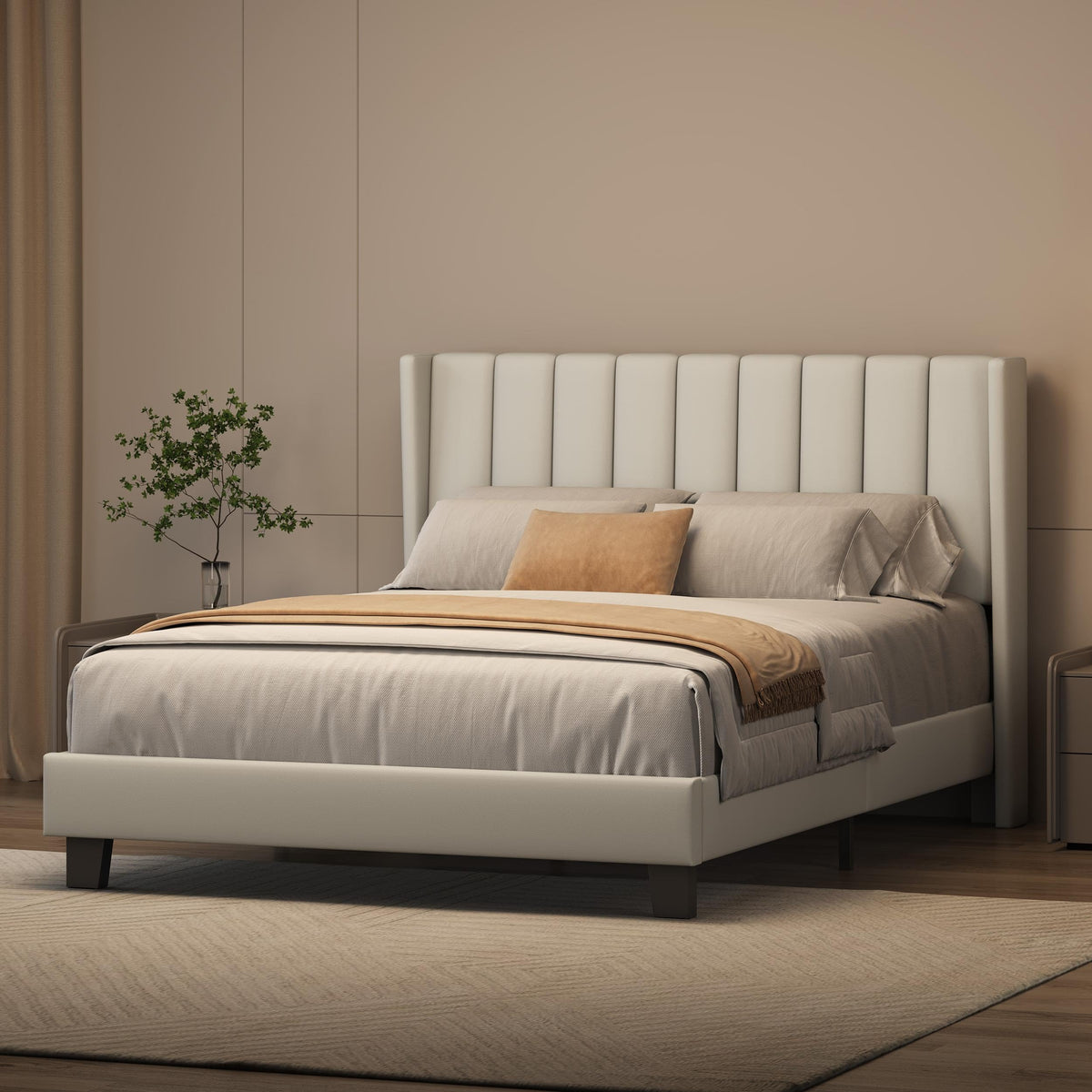 Shano Furniture Channel-Tufted Wing Bed Frame, Double, Beige