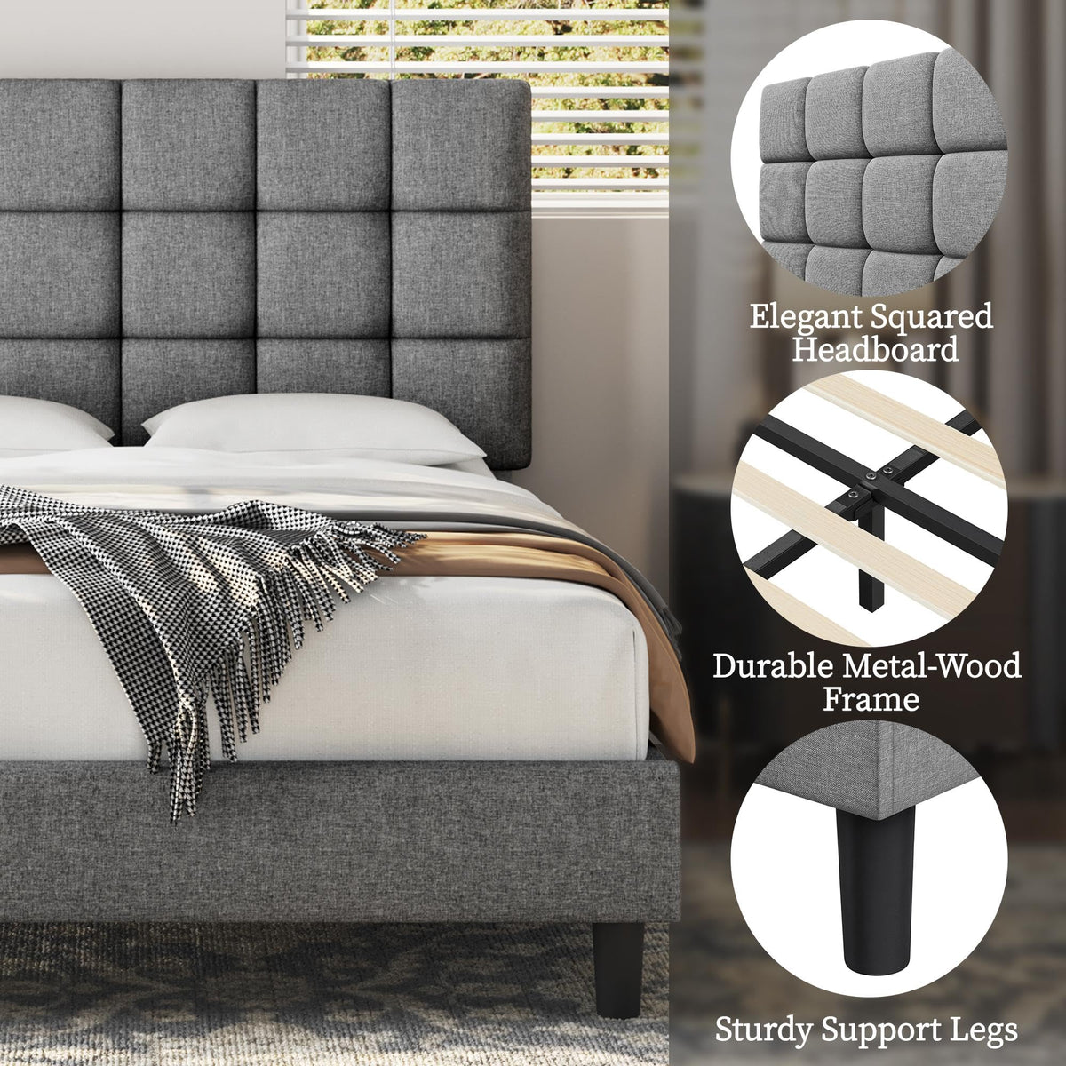 Upholstered Bed Frame with Square Tufted Headboard