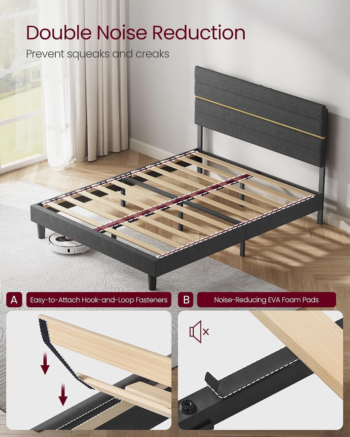 Upholstered Bed Frame | Adjustable Headboard | Metal Frame & Wooden Slats | Double & King