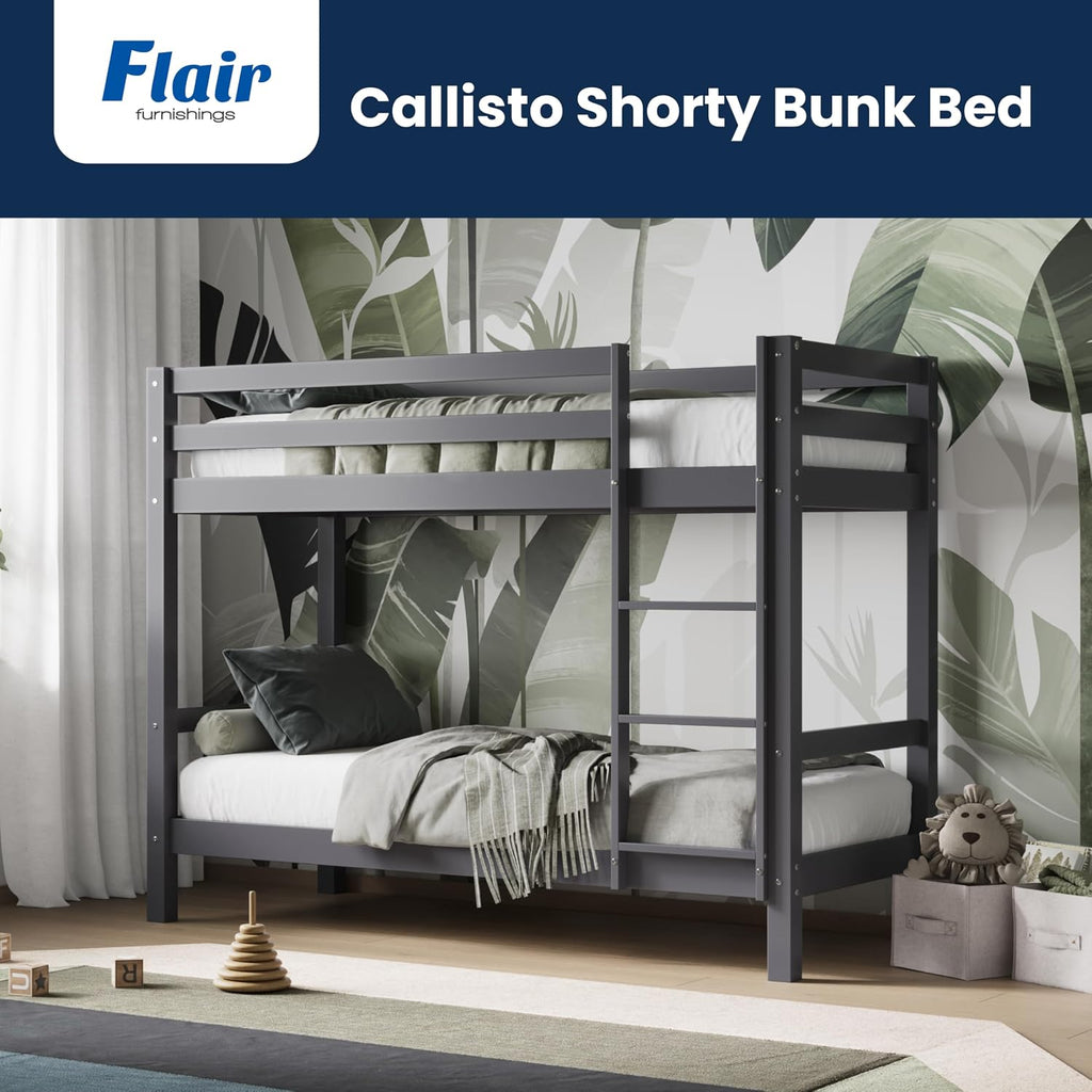 Solid Pine Shorty Bunk Bed for Kids | High Safety Rail | Slatted Base | Space-Saving | Grey & White