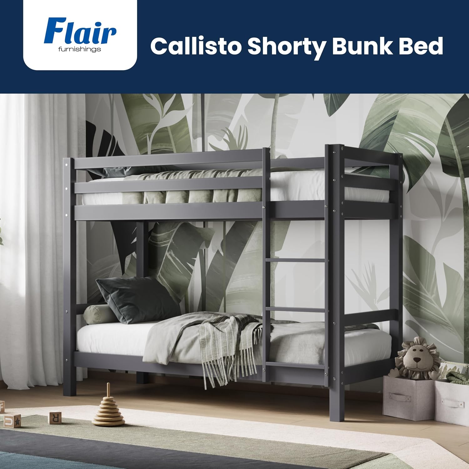 Solid Pine Shorty Bunk Bed for Kids | High Safety Rail | Slatted Base | Space-Saving | Grey & White