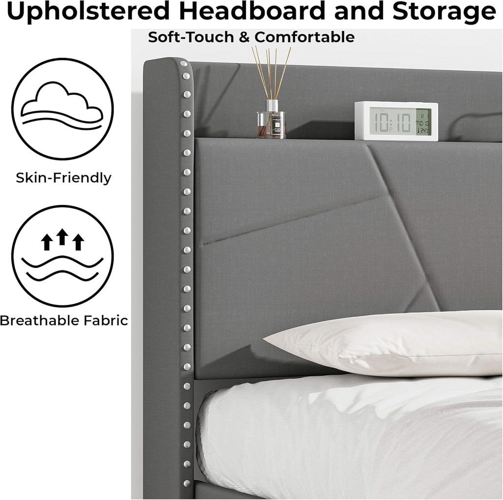 Upholstered Bed Frame with Built-In Charging Station | Linen Headboard | Storage | Single, Double & King