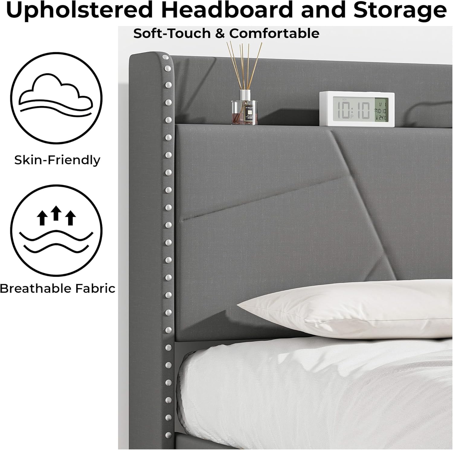 Upholstered Bed Frame with Built-In Charging Station | Linen Headboard | Storage | Single, Double & King