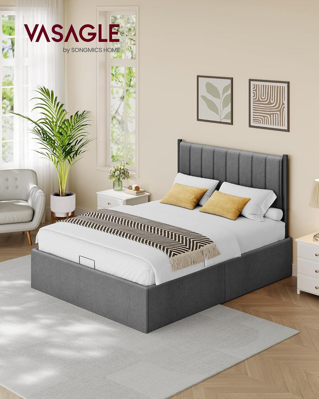Ottoman Bed Frame with Lift-Up Storage | Hydraulic Lift | Upholstered Headboard | Double & Small Double