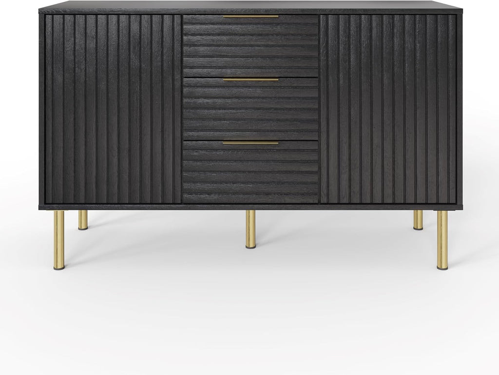 Art Deco Sideboard with 3 Drawers & 2 Doors | Wood Grain Finish | Brushed Metal Handles | Oak, Ivory & Black