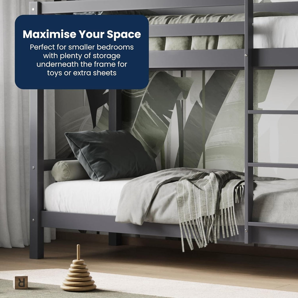 Solid Pine Shorty Bunk Bed for Kids | High Safety Rail | Slatted Base | Space-Saving | Grey & White
