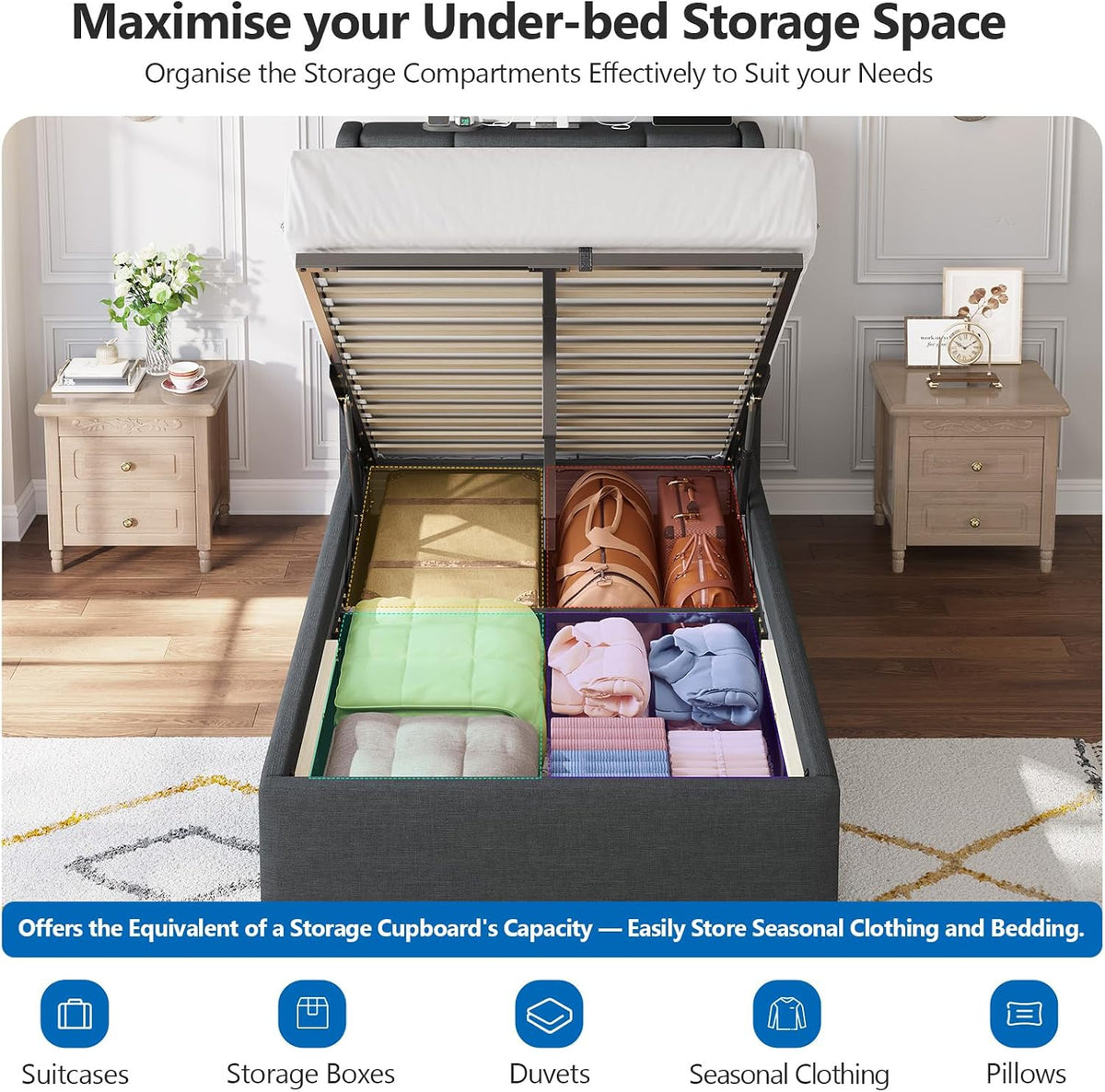 Ottoman Single Bed Frame with Hydraulic Storage, Charging Station & Adjustable Headboard | Grey | 3ft (90x190cm)