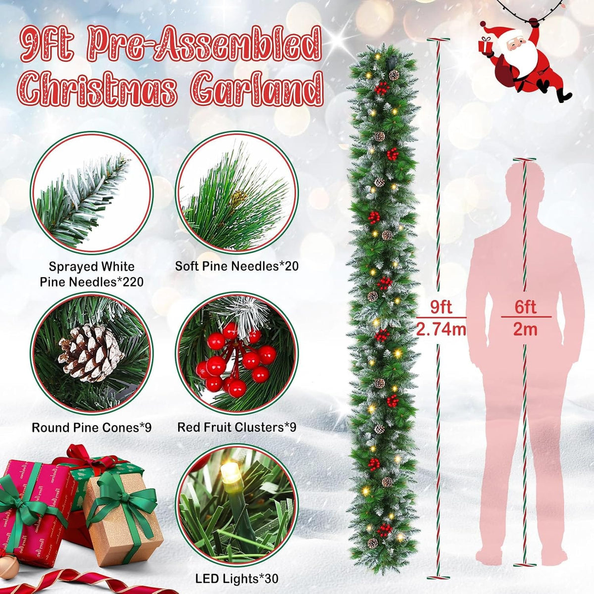 Christmas garland,christmas garland with lights Decorated Snow Tipped Artificial Green Xmas Garland with Pinecones and Red Berries for Home Stairs Fireplace Front, Christmas Decorations 9 Ft