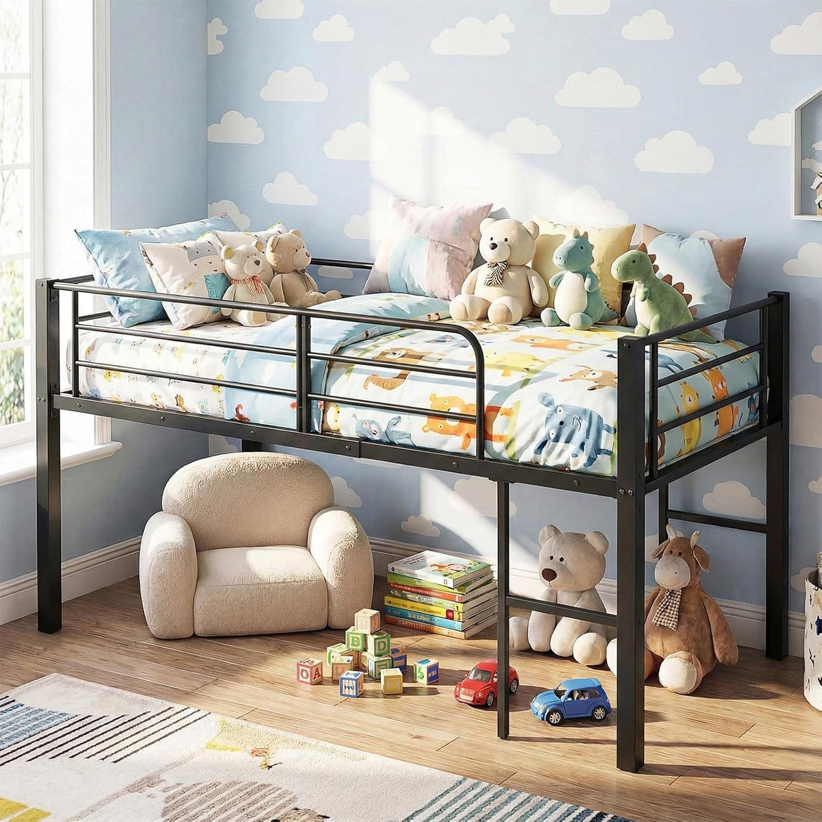 Metal Kids Bunk Bed, 3FT Children Loft Bed with Guardrails & 2 Ladders, Heavy Duty Toddler Bedframe for Boys Girls, No Box Spring Needed (Black)
