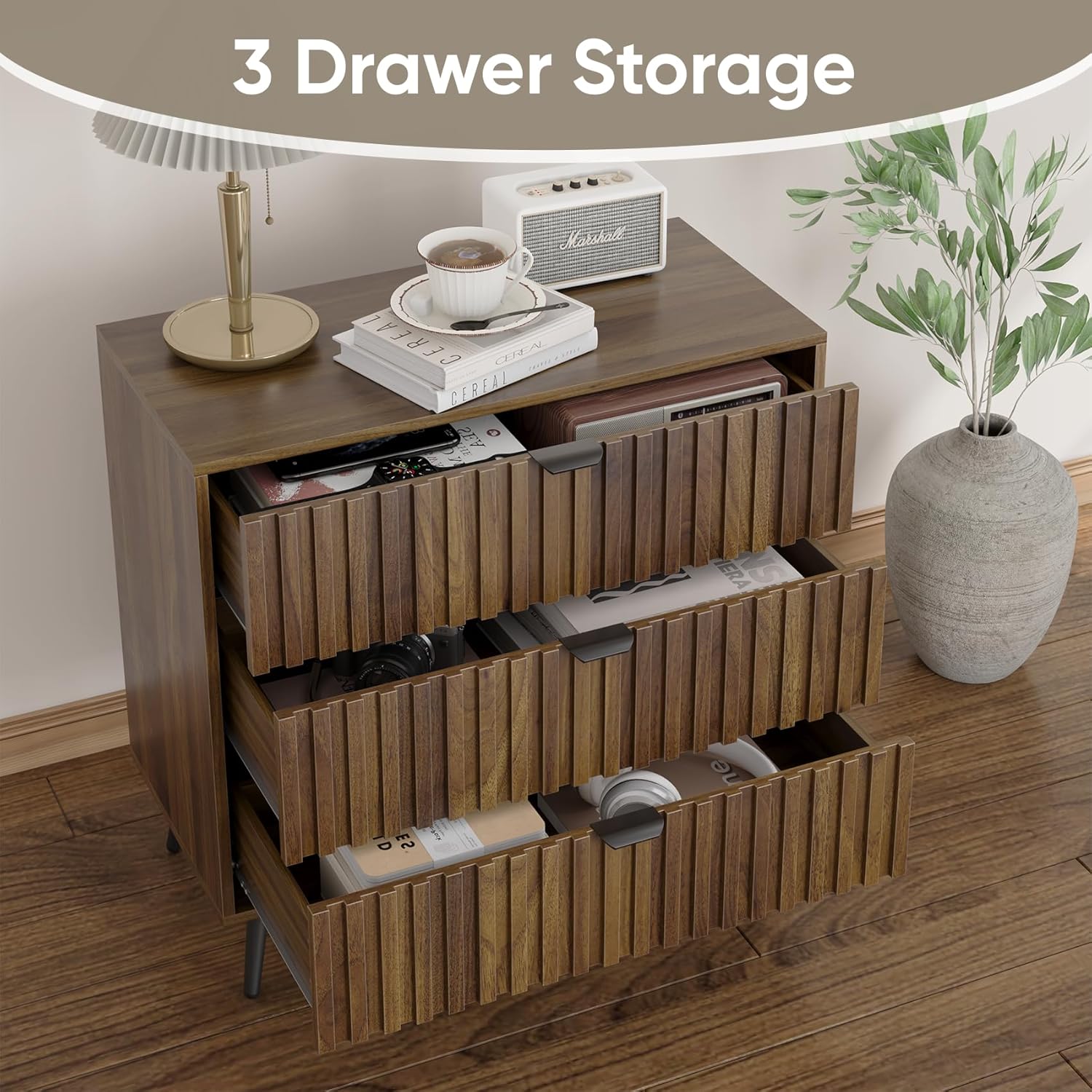 Fluted Chest of 3 Drawers | Mid-Century Modern | Walnut Veneer | Metal Legs | Bedroom & Living Room