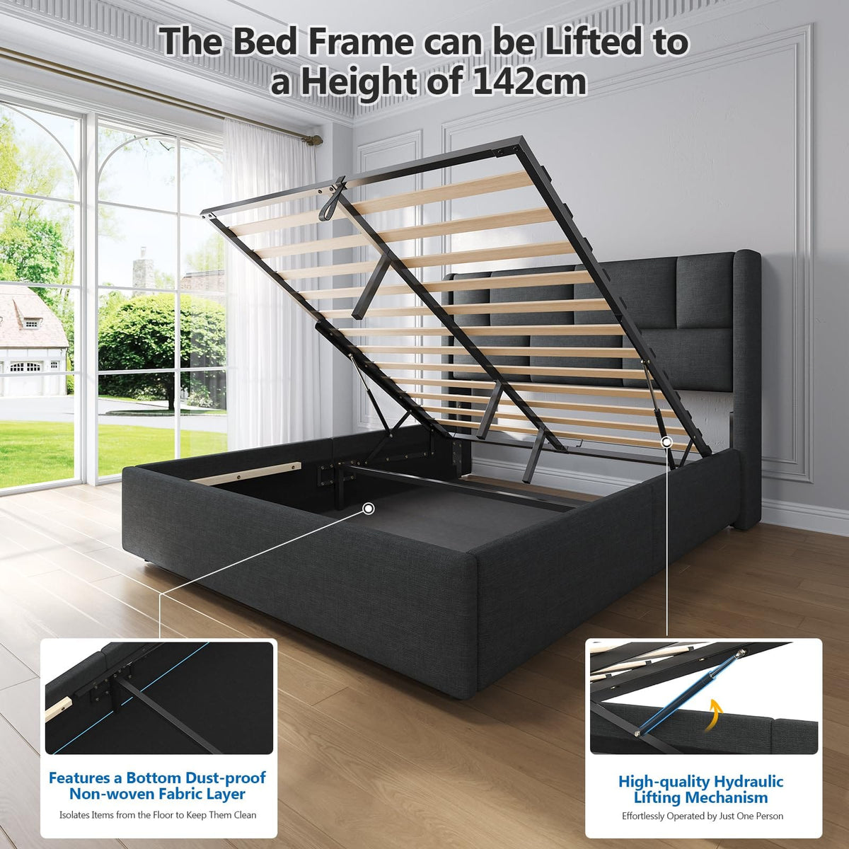 Ottoman Single Bed Frame with Hydraulic Storage, Charging Station & Adjustable Headboard | Grey | 3ft (90x190cm)