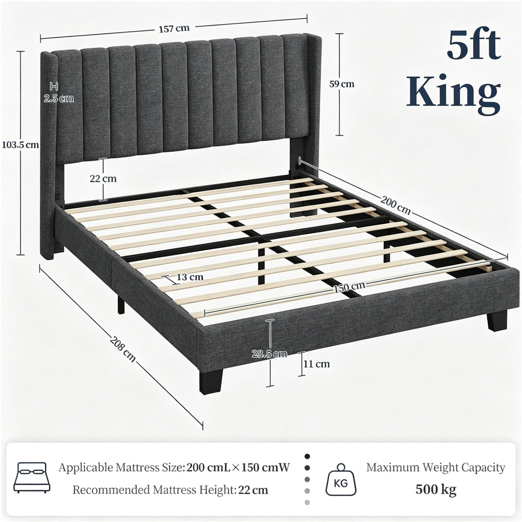 Shano Furniture Channel-Tufted Wing Bed Frame, Double, Beige