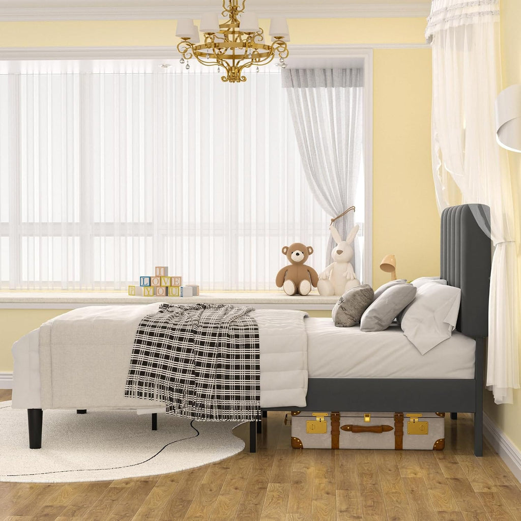 Double Bed Frame with 4 Storage Drawers | Velvet Upholstered Headboard | Wooden Slats | Beige & Grey