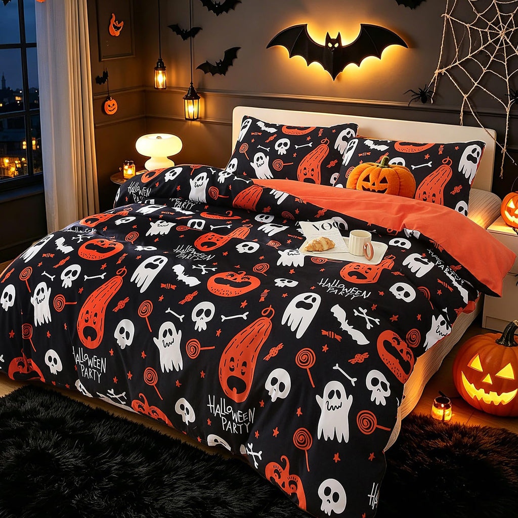 Halloween Duvet Cover Set 3 Pieces with Skull Pumpkin