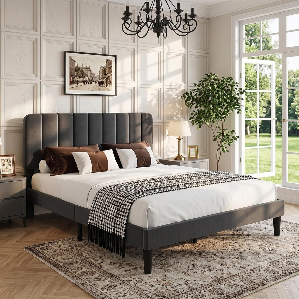 Shano Furniture Velvet Upholstered Double Bed Frame, Grey