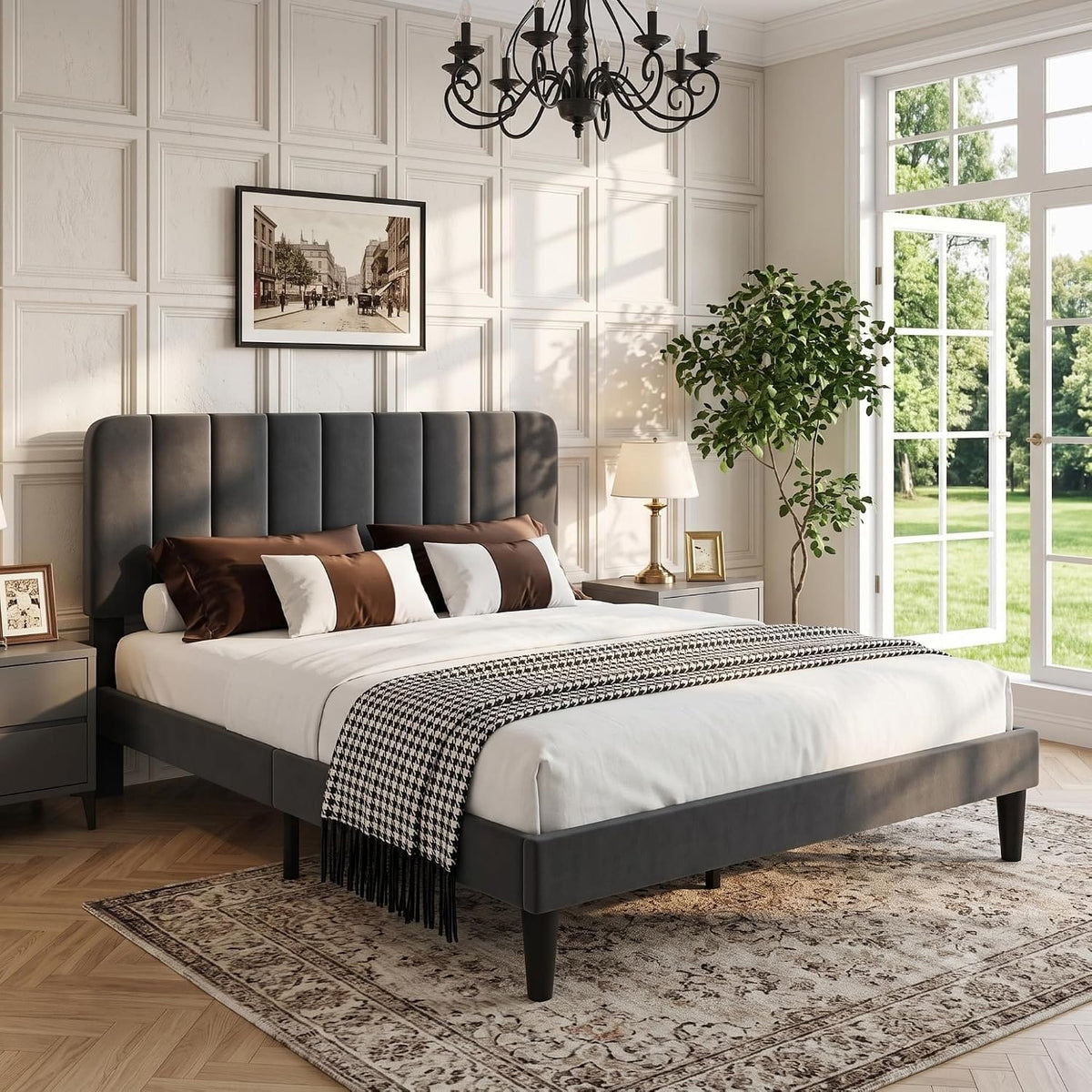 Shano Furniture Velvet Upholstered Double Bed Frame, Grey