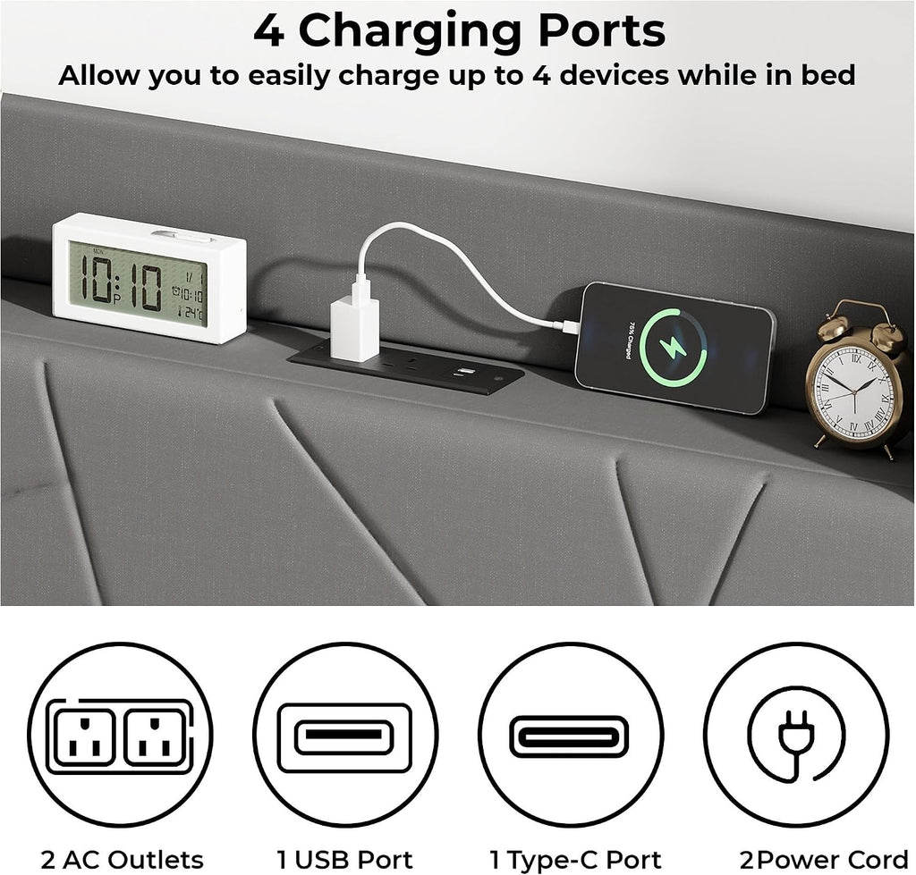 Upholstered Bed Frame with Built-In Charging Station | Linen Headboard | Storage | Single, Double & King