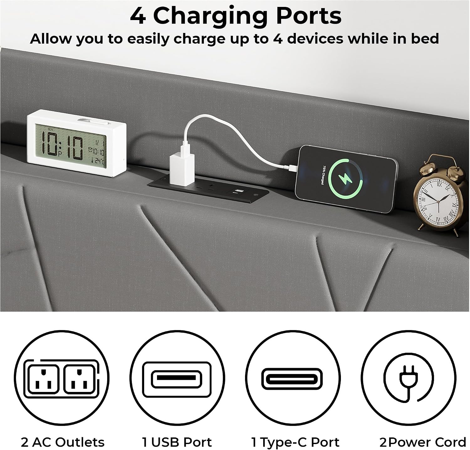 Upholstered Bed Frame with Built-In Charging Station | Linen Headboard | Storage | Single, Double & King