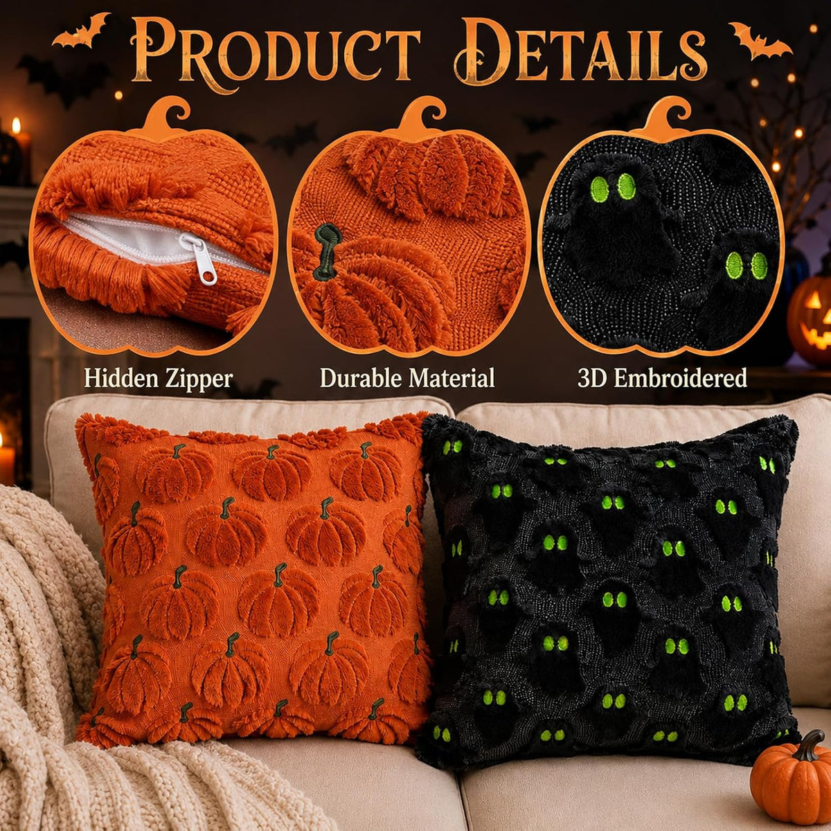 Halloween Cushion Covers, 45x45cm Funny Ghost Throw Pillow Covers, Pumpkin Ghost Halloween Decorations, Soft Plush Faux Fur Wool Couch Cushion Case for Chair Sofa Home Decor (Only Cover)