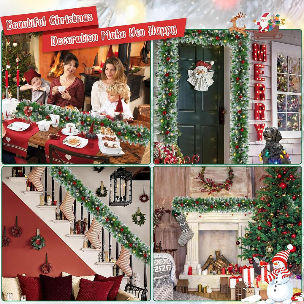 Christmas garland,christmas garland with lights Decorated Snow Tipped Artificial Green Xmas Garland with Pinecones and Red Berries for Home Stairs Fireplace Front, Christmas Decorations 9 Ft