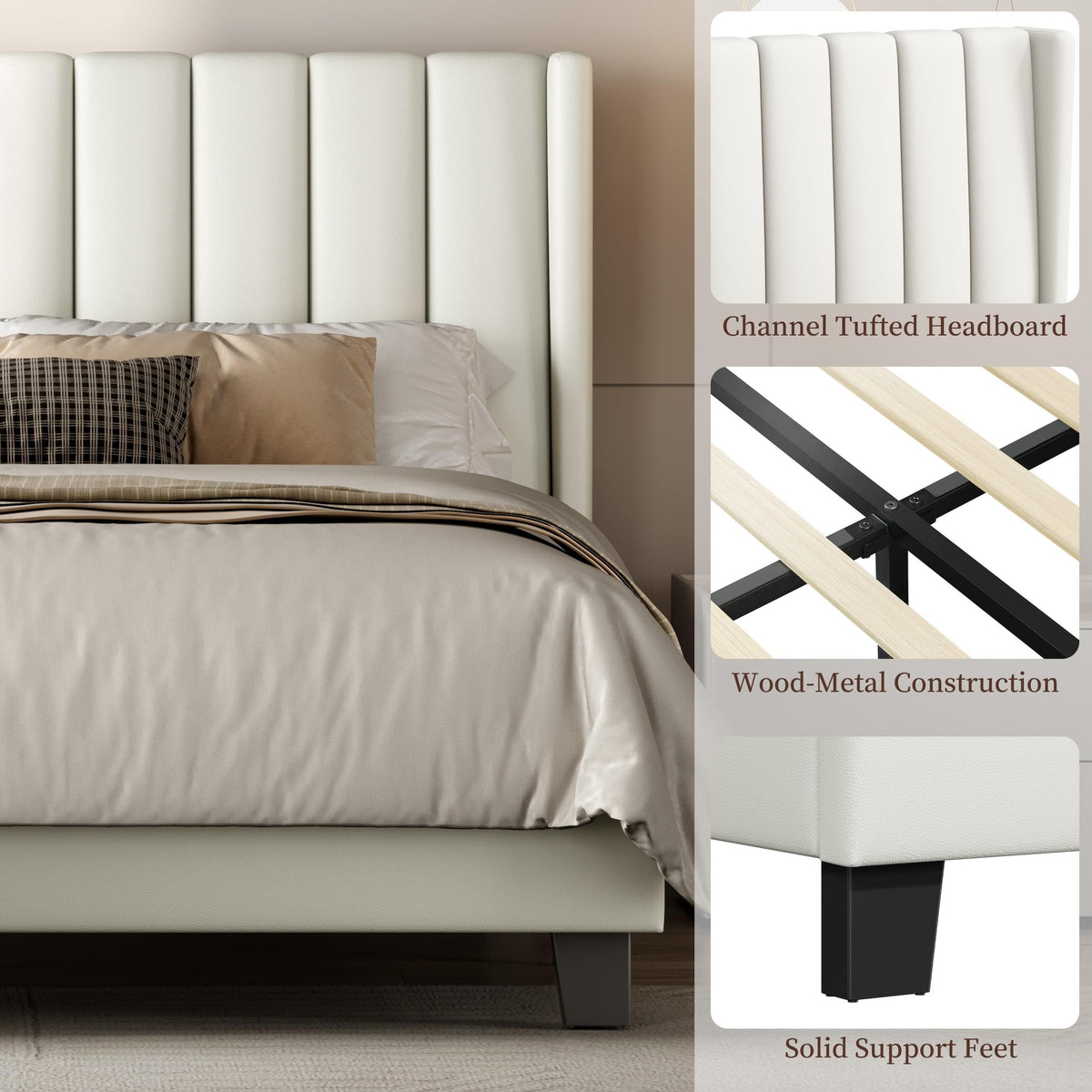 Shano Furniture Channel-Tufted Wing Bed Frame, Double, Beige