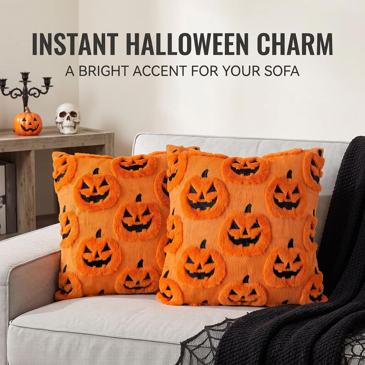 2 PCS Halloween Cushion Covers 45 x 45 cm Halloween Cushions Funny Ghost Pumpkin Cushion, Halloween Home Decor for Sofa Bedroom Living Room Home Decor (Emoticon Pumpkin)