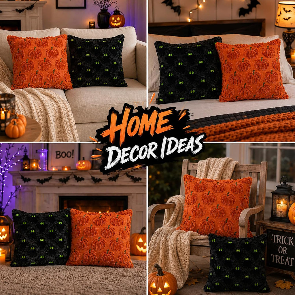 Halloween Cushion Covers, 45x45cm Funny Ghost Throw Pillow Covers, Pumpkin Ghost Halloween Decorations, Soft Plush Faux Fur Wool Couch Cushion Case for Chair Sofa Home Decor (Only Cover)