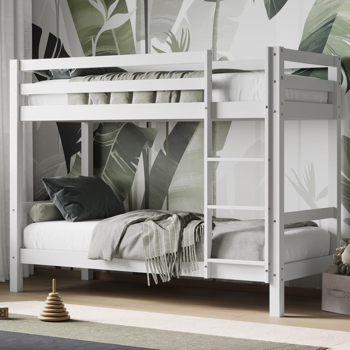Solid Pine Shorty Bunk Bed for Kids | High Safety Rail | Slatted Base | Space-Saving | Grey & White