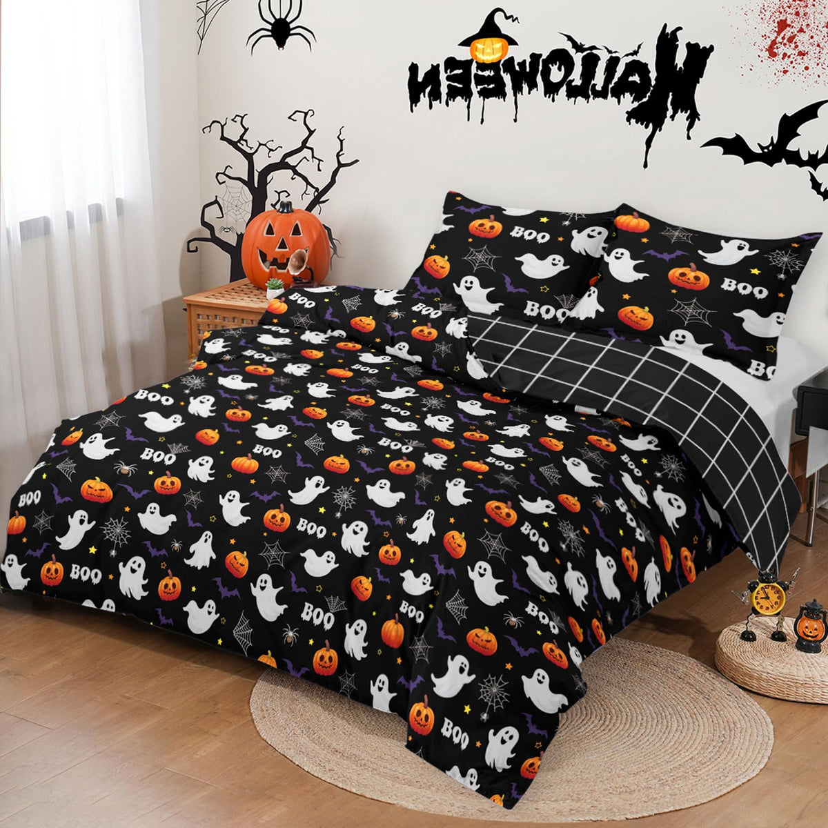 Halloween Duvet Cover Set 3 Pieces with Skull Pumpkin